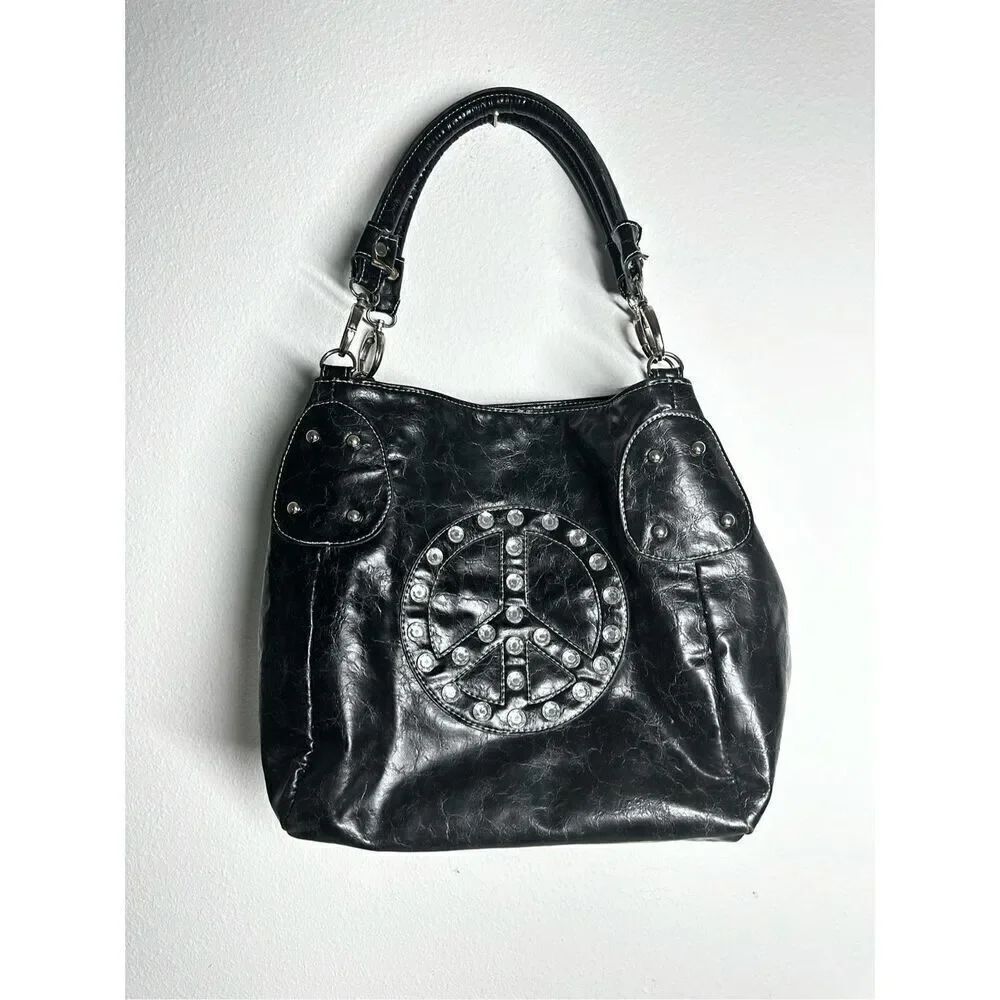 Women’s Studded Shoulder Bag Rhinestones Black Peace Logo Faux Leather